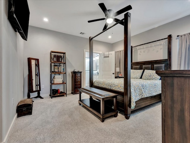 bedroom featuring visible vents, light carpet, a ceiling fan, recessed lighting, and baseboards