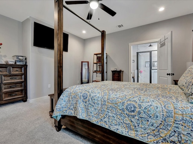 carpeted bedroom with recessed lighting, visible vents, baseboards, and ceiling fan