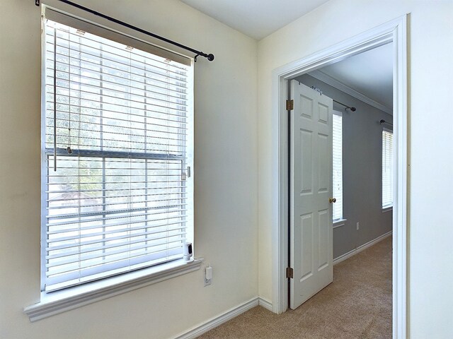 hall with light colored carpet and ornamental molding