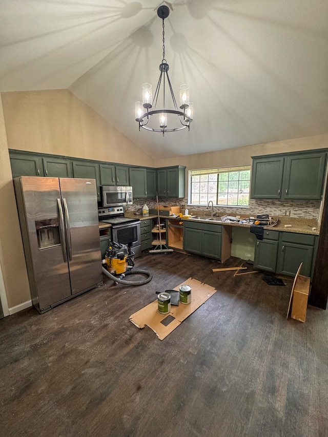 393 Rosewood Dr, Jasper, TX 75951 - kitchen with green cabinetry, appliances with stainless steel finishes, a sink, decorative backsplash, and high vaulted ceiling