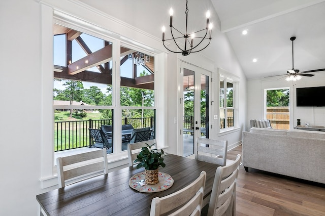 175 Vantage Dr, Brookeland, TX 75931 - dining area featuring a chandelier, wood finished floors, ceiling fan, and recessed lighting