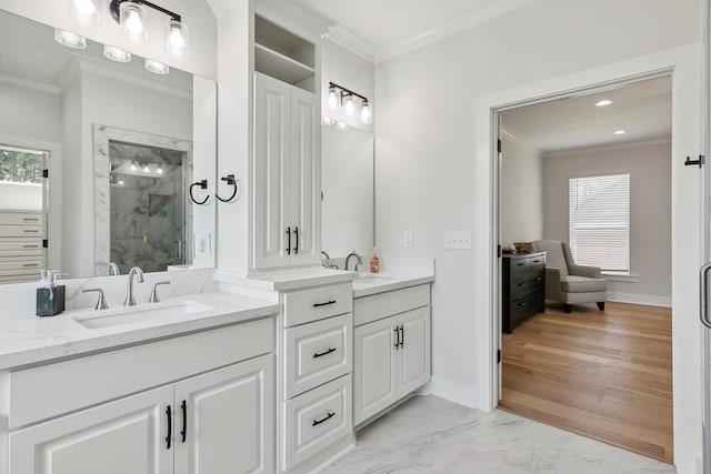 175 Vantage Dr, Brookeland, TX 75931 - bathroom featuring ornamental molding, a marble finish shower, marble finish floors, vanity, and baseboards