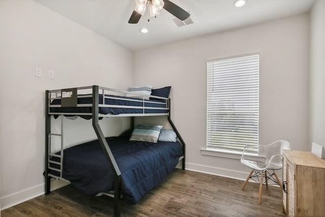175 Vantage Dr, Brookeland, TX 75931 - bedroom featuring baseboards, wood finished floors, recessed lighting, and ceiling fan