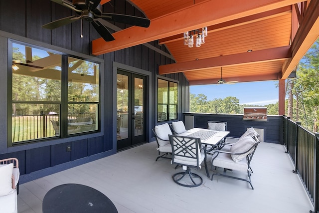 175 Vantage Dr, Brookeland, TX 75931 - view of patio featuring a ceiling fan, outdoor dining area, a grill, french doors, and area for grilling