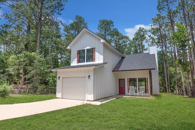 140 Spruce Ln, Brookeland, TX 75931 - modern farmhouse with a garage, a chimney, a front yard, concrete driveway, and a shingled roof