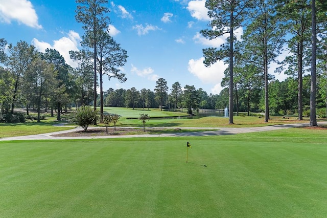140 Spruce Ln, Brookeland, TX 75931 - view of community featuring view of wooded area, view of golf course, a lawn, and a putting green