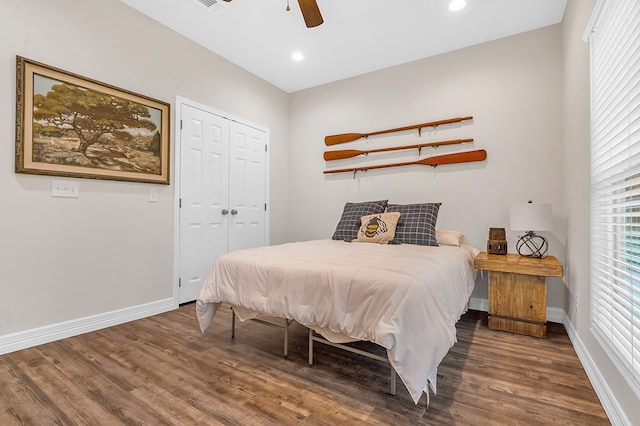 140 Spruce Ln, Brookeland, TX 75931 - bedroom with wood finished floors, recessed lighting, a closet, and ceiling fan