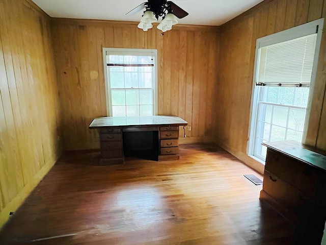 905 Fm 353, San Augustine, TX 75972 - unfurnished office with light wood-style flooring, a ceiling fan, plenty of natural light, and wooden walls
