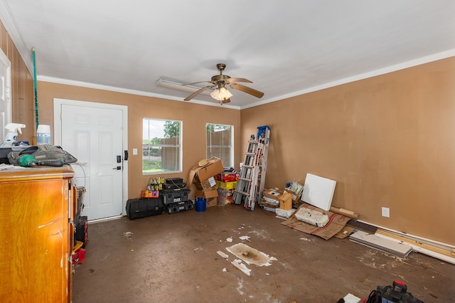 1405 Cimmarron St, Lufkin, TX 75904 - interior space with concrete floors, a ceiling fan, and ornamental molding