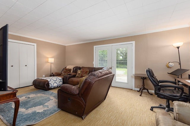 1405 Cimmarron St, Lufkin, TX 75904 - living area featuring french doors, crown molding, light colored carpet, and an office area