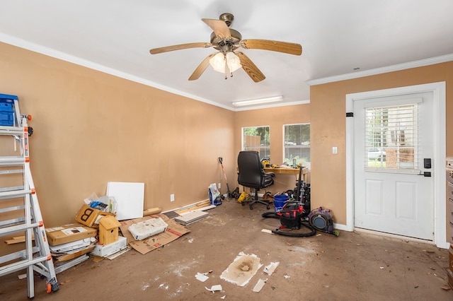 1405 Cimmarron St, Lufkin, TX 75904 - unfurnished office featuring ornamental molding, a ceiling fan, and baseboards