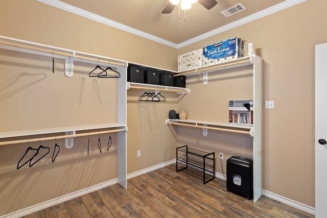 185 Ashley Dr, Brookeland, TX 75931 - walk in closet featuring wood finished floors and ceiling fan