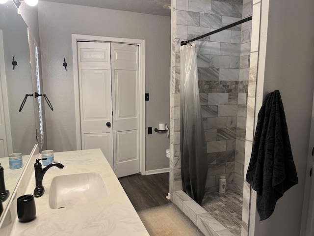 bathroom with a shower with shower curtain, vanity, and wood-type flooring