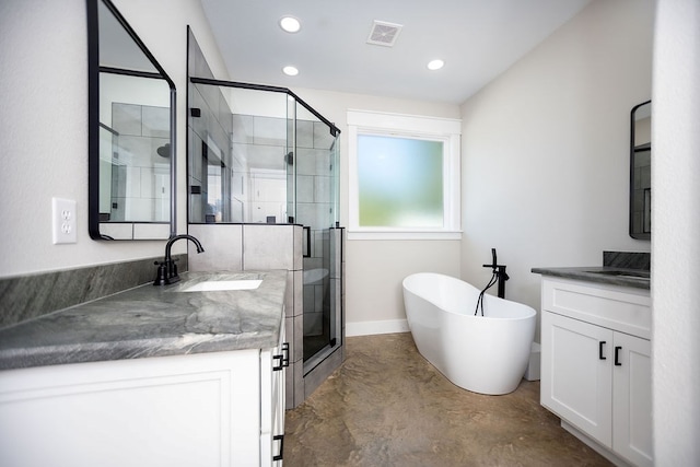 bathroom featuring vanity, concrete flooring, and shower with separate bathtub