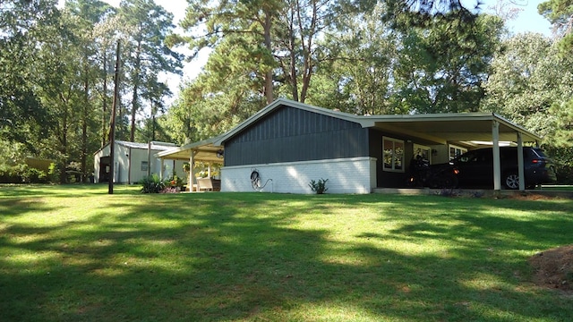 view of property exterior featuring a lawn and a carport