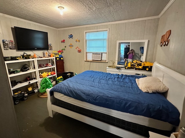 bedroom with cooling unit and crown molding