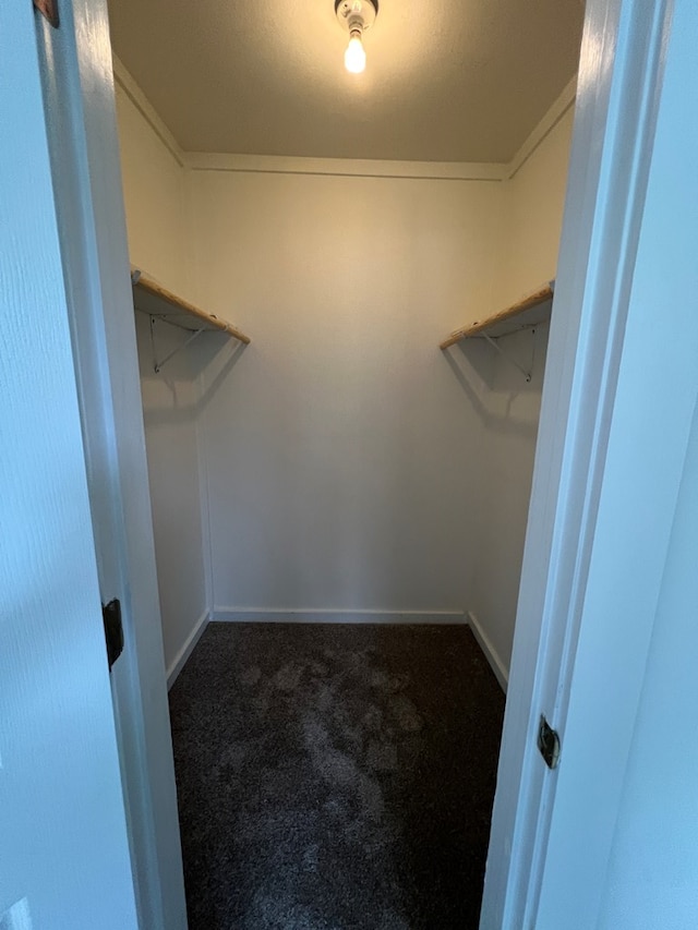 spacious closet with dark carpet and attic access