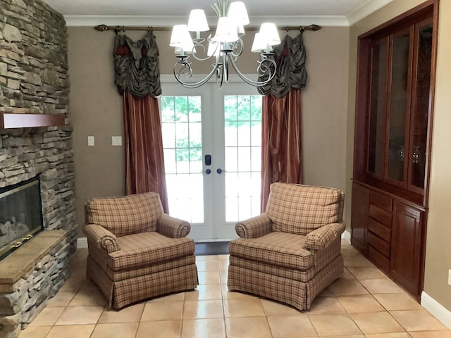 810 Denton Dr, Jasper, TX 75951 - sitting room with a chandelier, healthy amount of natural light, french doors, ornamental molding, and light tile patterned floors