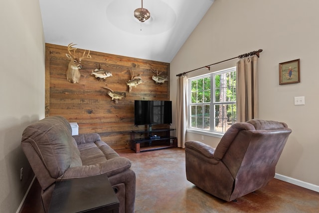 182 Post Oak Ln, Brookeland, TX 75931 - living area featuring baseboards, high vaulted ceiling, and ceiling fan