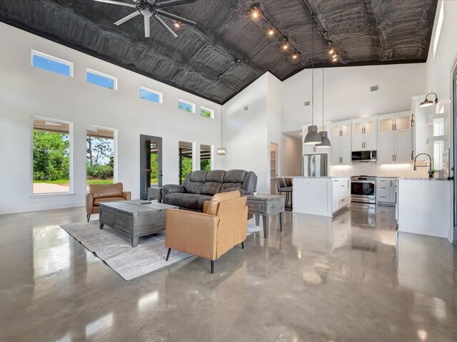 10165 US Highway 287, Corrigan, TX 75939 - living room with high vaulted ceiling, finished concrete flooring, and ceiling fan