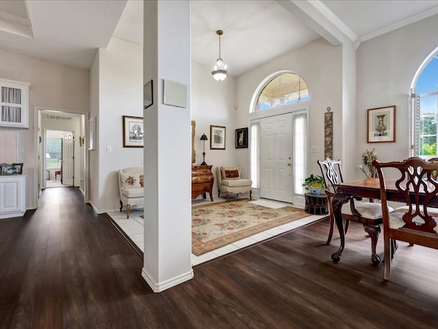 325 Evans Gann Rd, Lufkin, TX 75904 - entryway featuring dark wood-style flooring, a towering ceiling, and beamed ceiling
