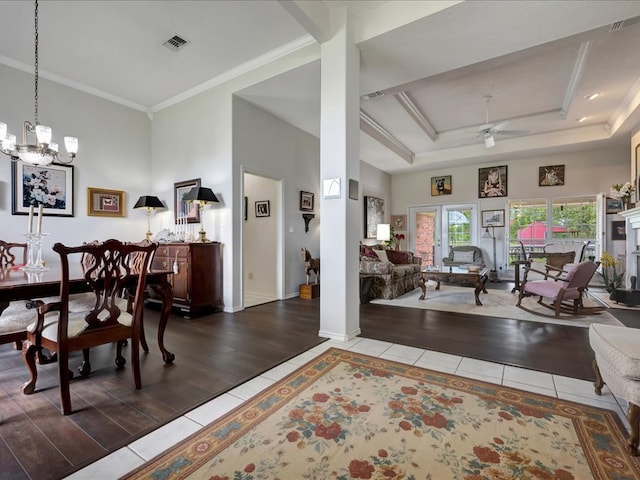 325 Evans Gann Rd, Lufkin, TX 75904 - dining area with ceiling fan, tile patterned floors, a chandelier, and ornamental molding