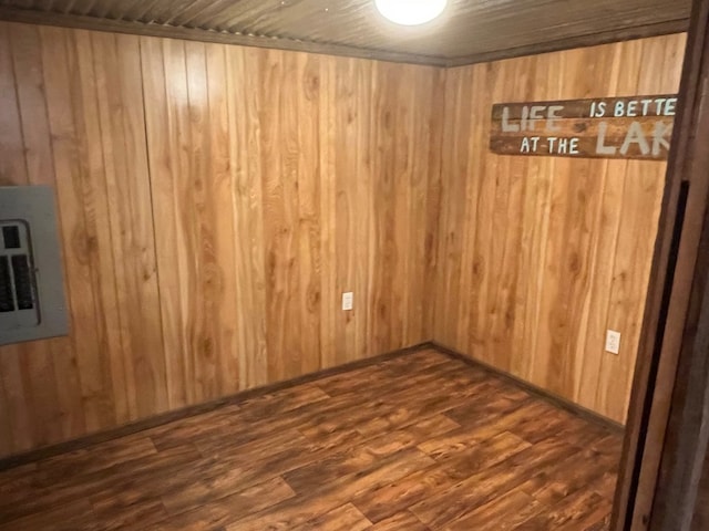 empty room with dark hardwood / wood-style floors and wood walls