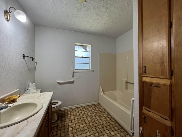 full bathroom featuring vanity, bathtub / shower combination, tile patterned flooring, toilet, and a textured ceiling