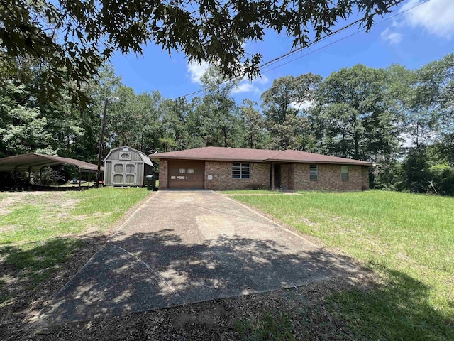 ranch-style house with a front yard, a shed, and a carport