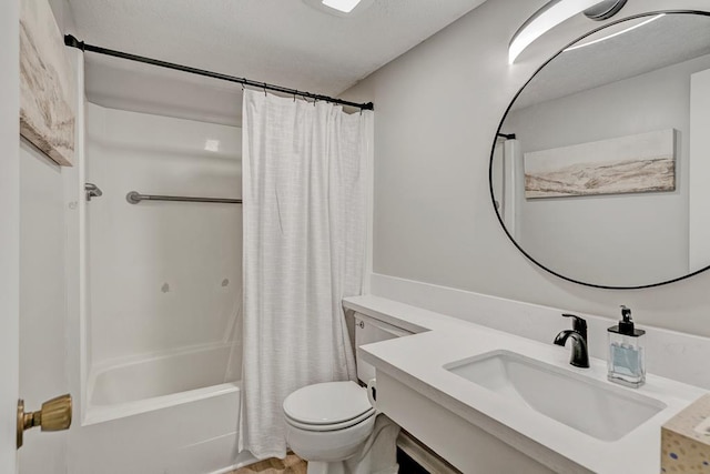 full bathroom with toilet, vanity, and shower / bathtub combination with curtain