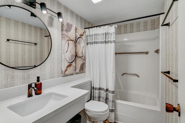 full bathroom with toilet, vanity, and shower / bathtub combination with curtain