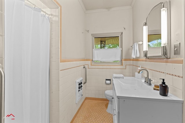 full bathroom with tile patterned flooring, heating unit, toilet, tile walls, and a shower with shower curtain
