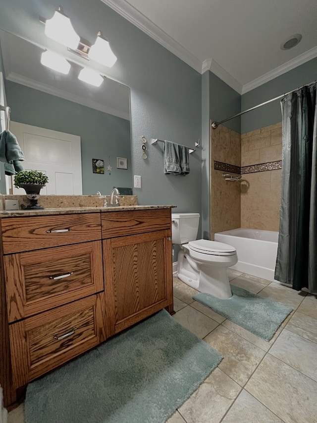 full bathroom with shower / tub combo with curtain, tile patterned flooring, ornamental molding, vanity, and toilet