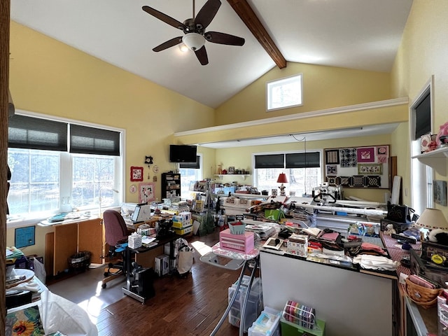 office area featuring beamed ceiling, plenty of natural light, high vaulted ceiling, and hardwood / wood-style flooring