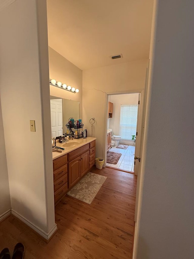 bathroom featuring hardwood / wood-style floors and vanity