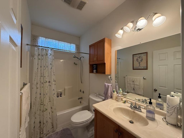 full bathroom with tile patterned flooring, vanity, toilet, and shower / bathtub combination with curtain