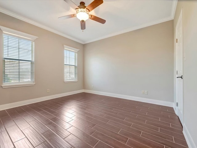 unfurnished room with dark hardwood / wood-style floors, a healthy amount of sunlight, crown molding, and ceiling fan