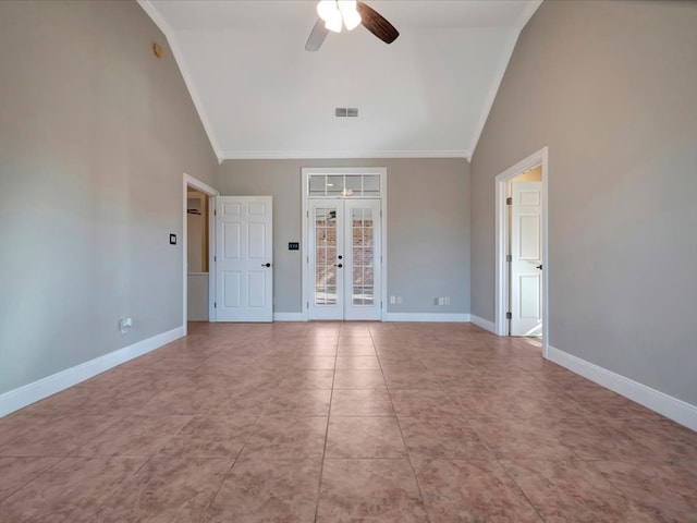 unfurnished room featuring ceiling fan, french doors, high vaulted ceiling, light tile patterned floors, and ornamental molding