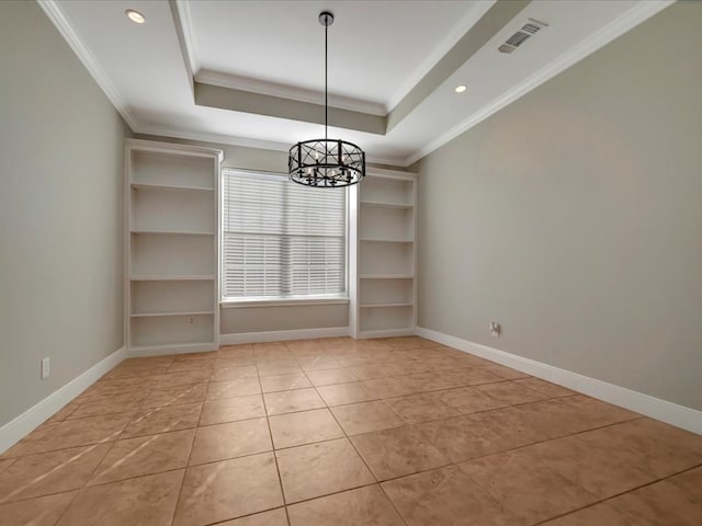 unfurnished dining area with a notable chandelier, a raised ceiling, ornamental molding, and light tile patterned floors