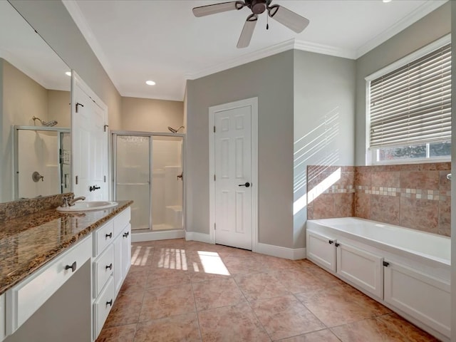 bathroom featuring tile patterned floors, vanity, ornamental molding, and plus walk in shower