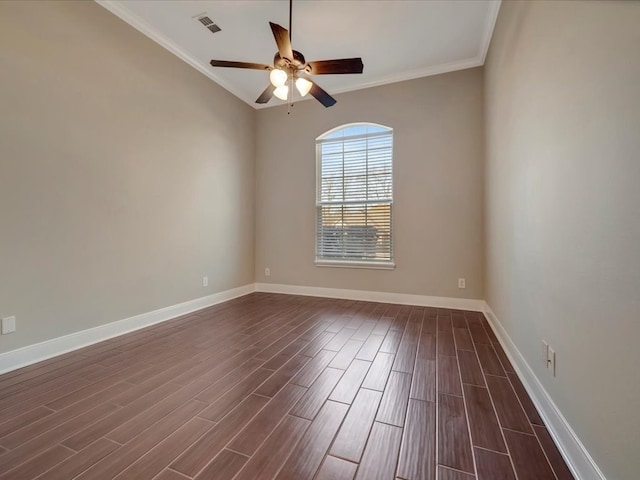 unfurnished room with dark hardwood / wood-style floors, ceiling fan, and ornamental molding