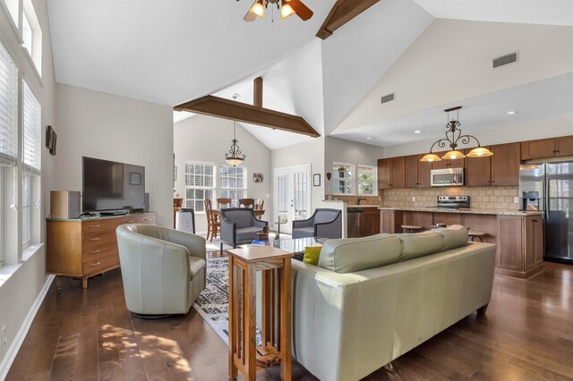 346 Northview Dr, Brookeland, TX 75931 - living room with high vaulted ceiling, dark wood-style floors, a ceiling fan, and recessed lighting