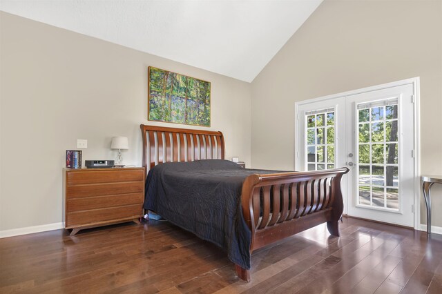 346 Northview Dr, Brookeland, TX 75931 - bedroom with access to exterior, dark wood finished floors, and high vaulted ceiling