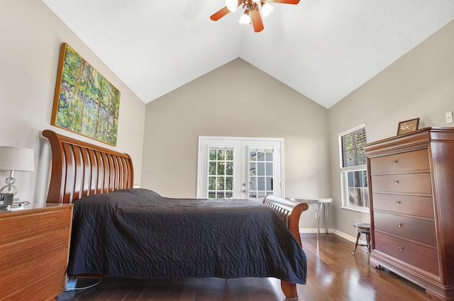 346 Northview Dr, Brookeland, TX 75931 - bedroom with dark wood finished floors, vaulted ceiling, ceiling fan, and french doors