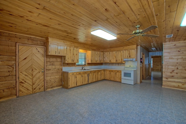 kitchen featuring range hood, light countertops, white electric range, wood ceiling, and a sink