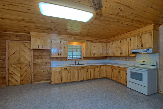 kitchen with white electric stove, light brown cabinetry, a sink, wooden ceiling, and under cabinet range hood