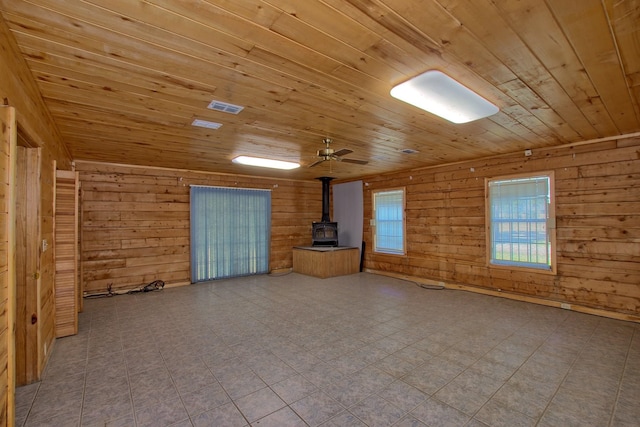 unfurnished living room featuring visible vents, a ceiling fan, wood ceiling, a wood stove, and wood walls