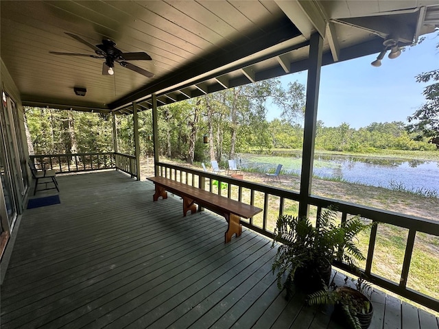 wooden deck featuring a water view and ceiling fan