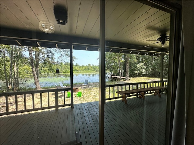 exterior space with wooden ceiling and a water view