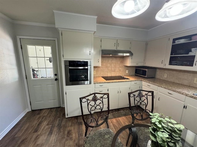 kitchen with tasteful backsplash, stainless steel appliances, crown molding, dark hardwood / wood-style floors, and white cabinetry